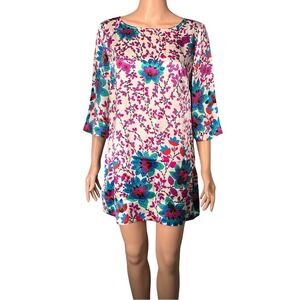 Monsoon 100% Silk Floral Print Shift Dress Pink Teal Cream US 10 UK 14 EUR 42